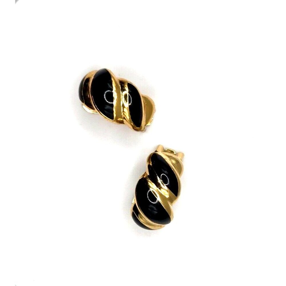 VTG CHRISTIAN DIOR signed clip earrings classic Black enamel on goldplate Twist